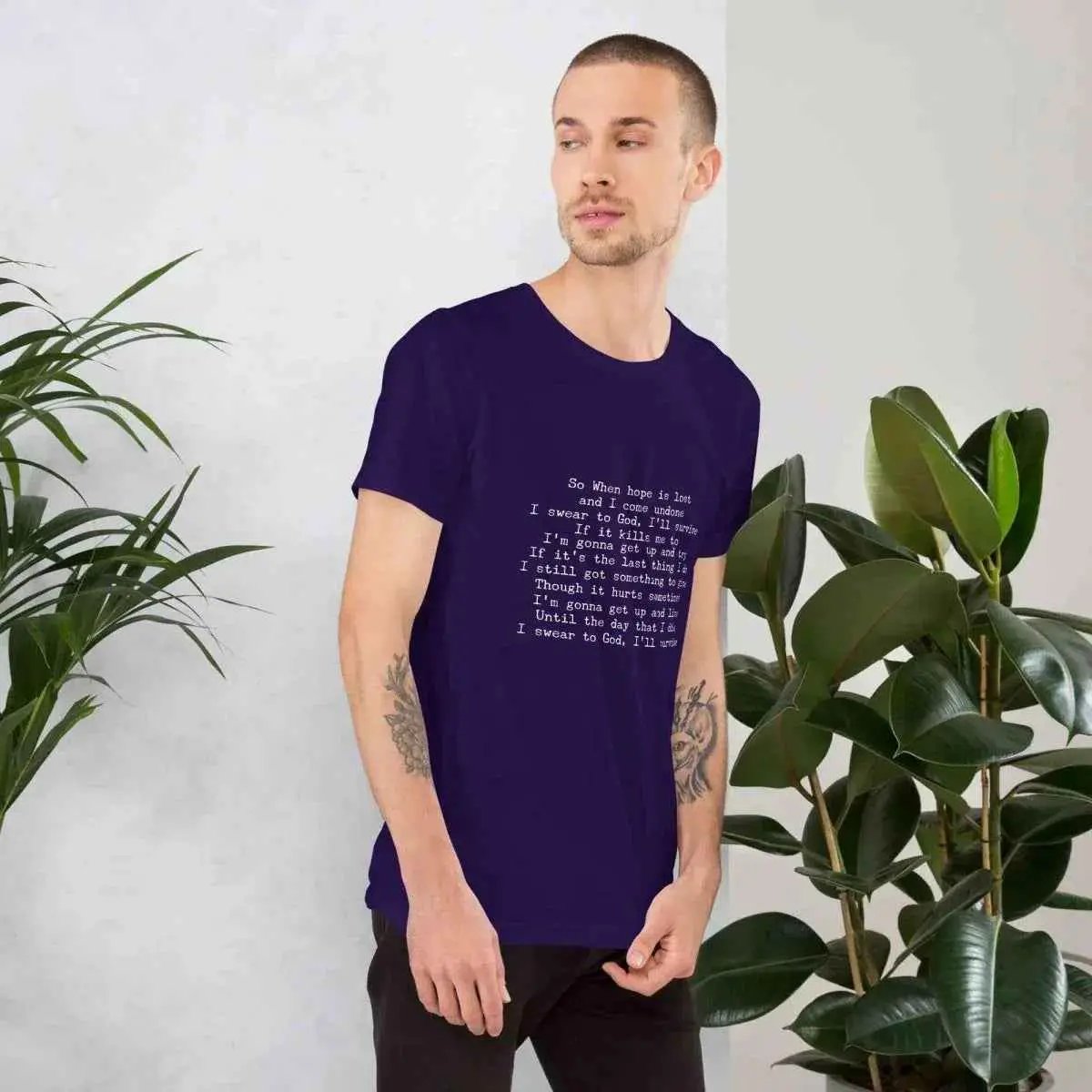 Unisex cotton T-shirt, deep purple with lyrics print at chest