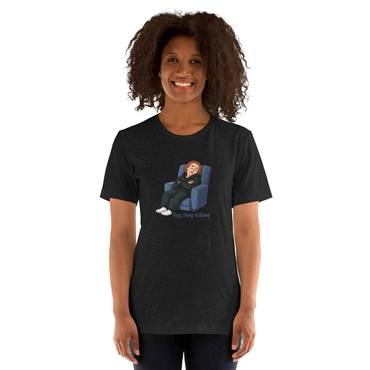 Unisex black graphic T-shirt, round neck short sleeves, front cartoon sleeping figure