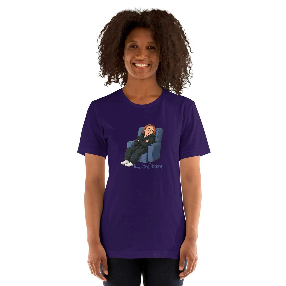 Unisex purple graphic T-shirt, round neck short sleeves, front cartoon sleeping figure