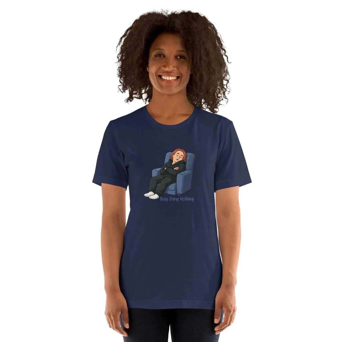 Unisex navy graphic T-shirt with front illustration of a person resting on a couch