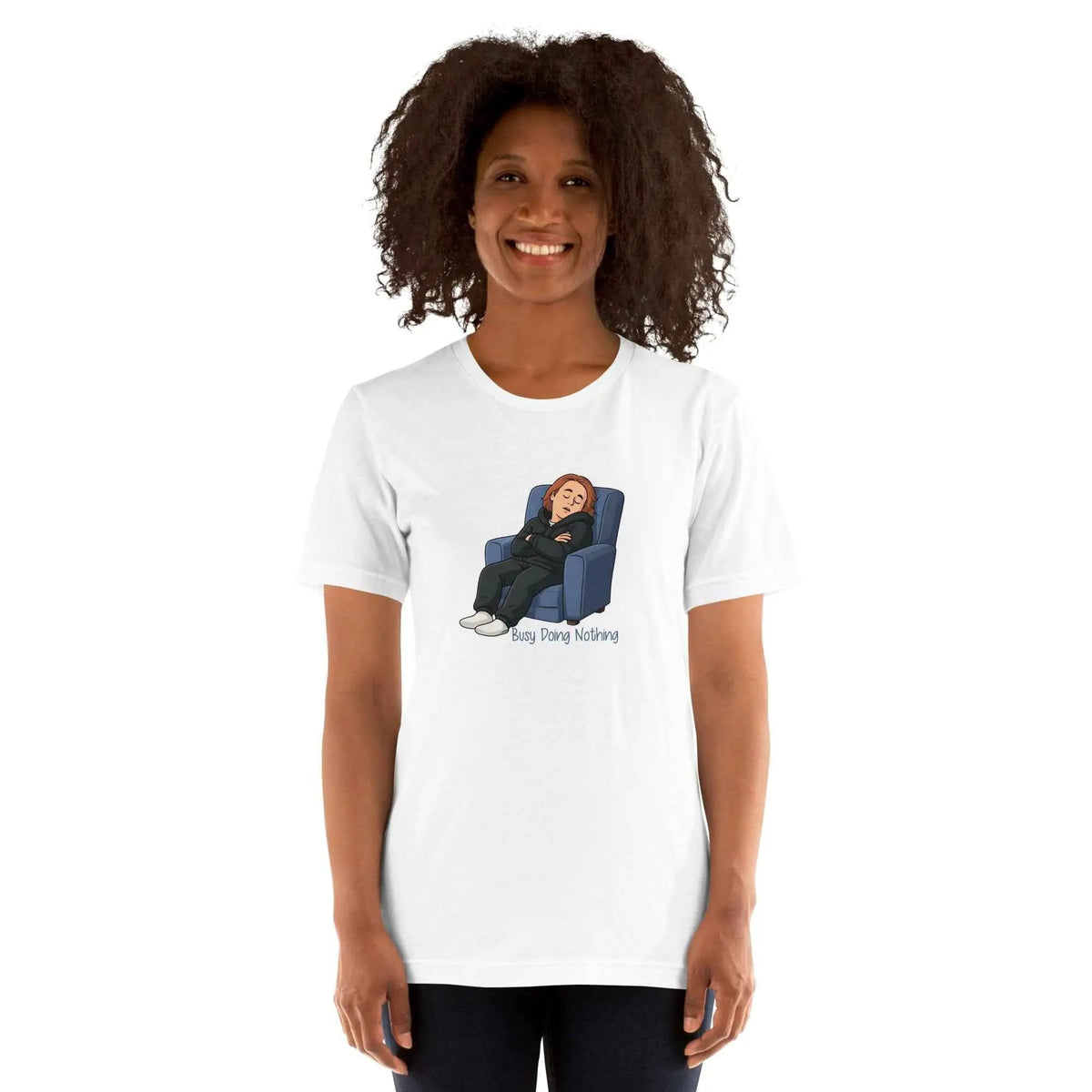 Unisex white graphic crewneck T-shirt with front illustration of a person resting on a couch