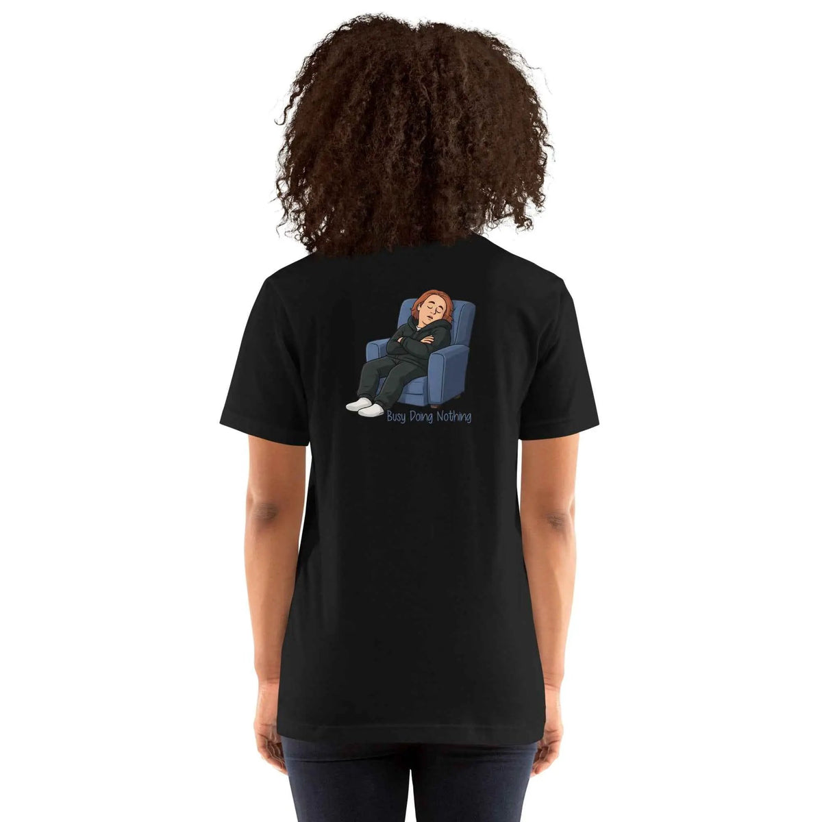 Unisex black graphic T-shirt, round neck short sleeves, back print sleeping figure