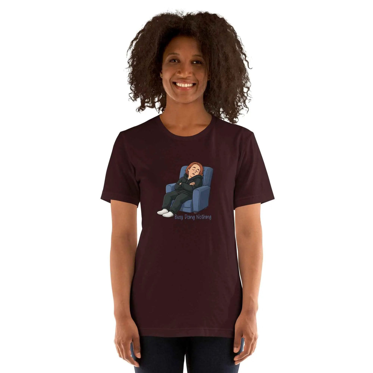 Unisex burgundy graphic T-shirt, round neck short sleeves, front cartoon sleeping figure