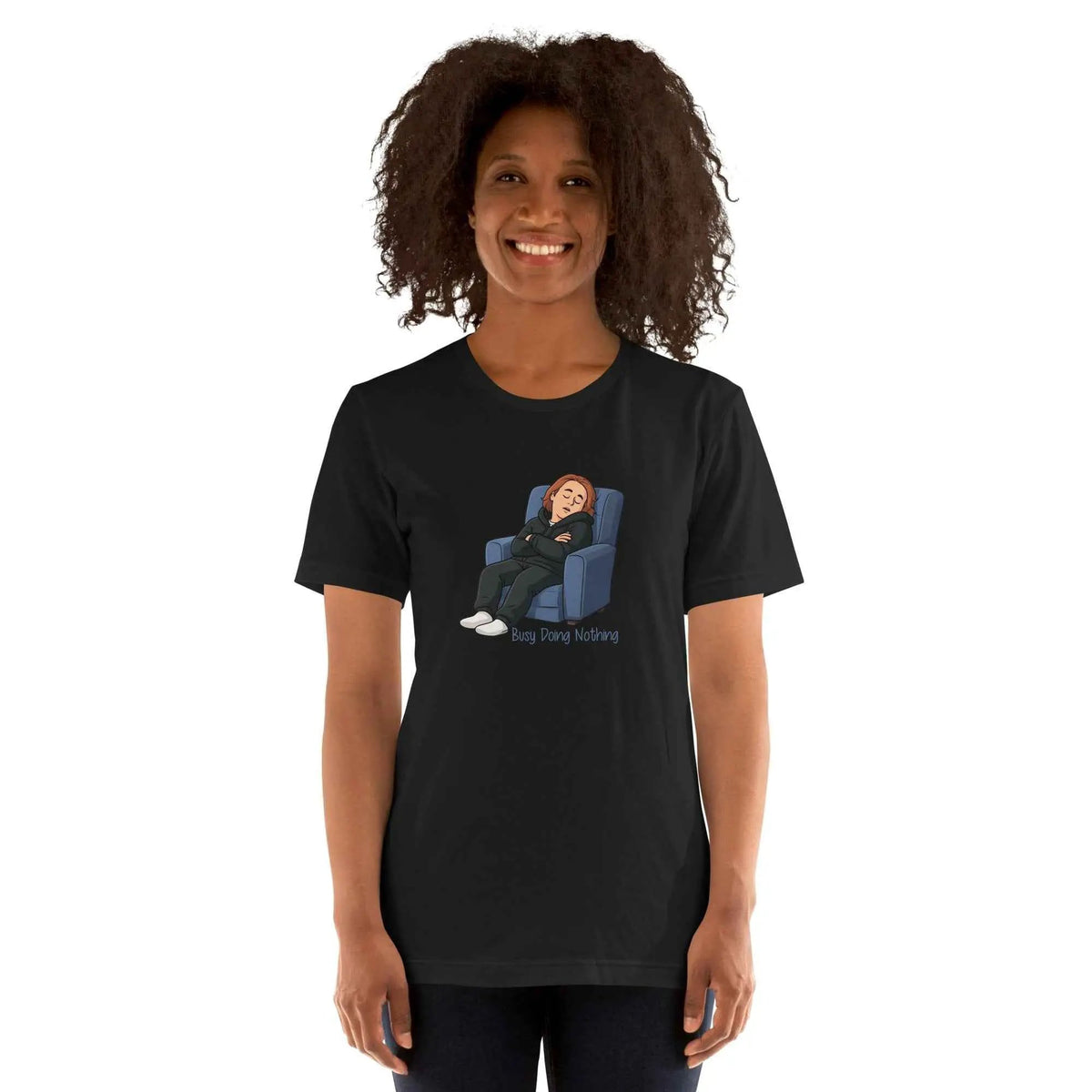 Unisex black graphic T-shirt, round neck short sleeves, front cartoon sleep scene