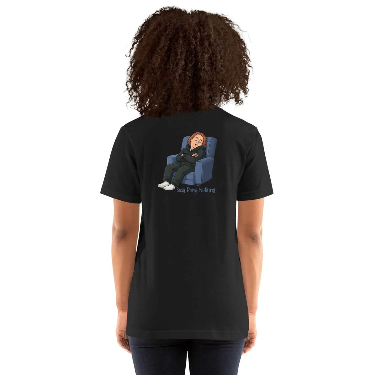 Unisex black graphic T-shirt, round neck short sleeves, back cartoon sleep scene