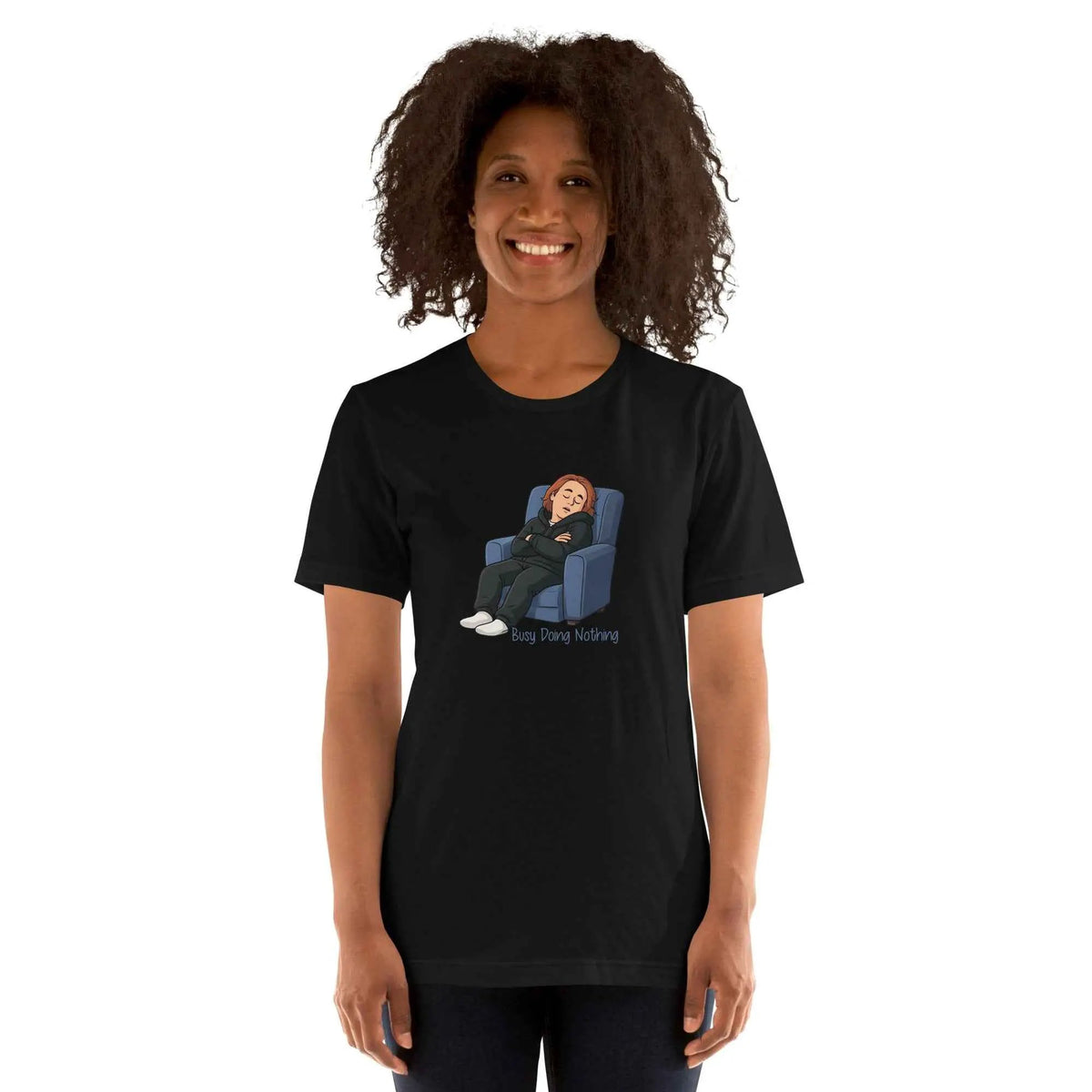 Unisex black graphic T-shirt, round neck short sleeves, front print sleeping figure