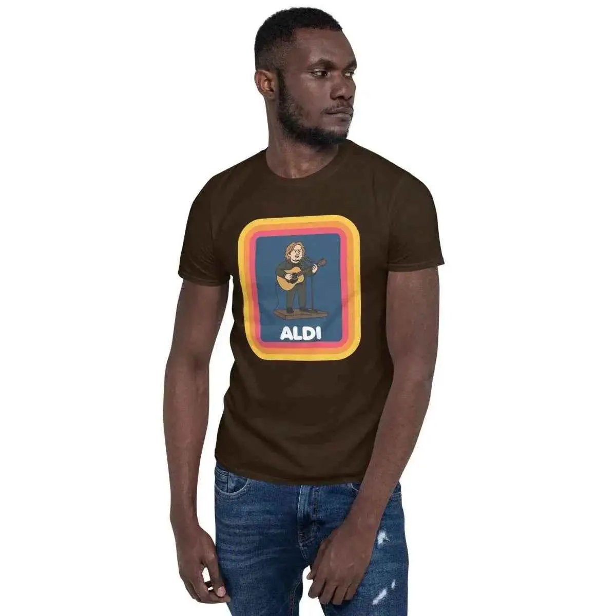 Unisex graphic T-shirt, dark brown with framed ALDI logo print on front