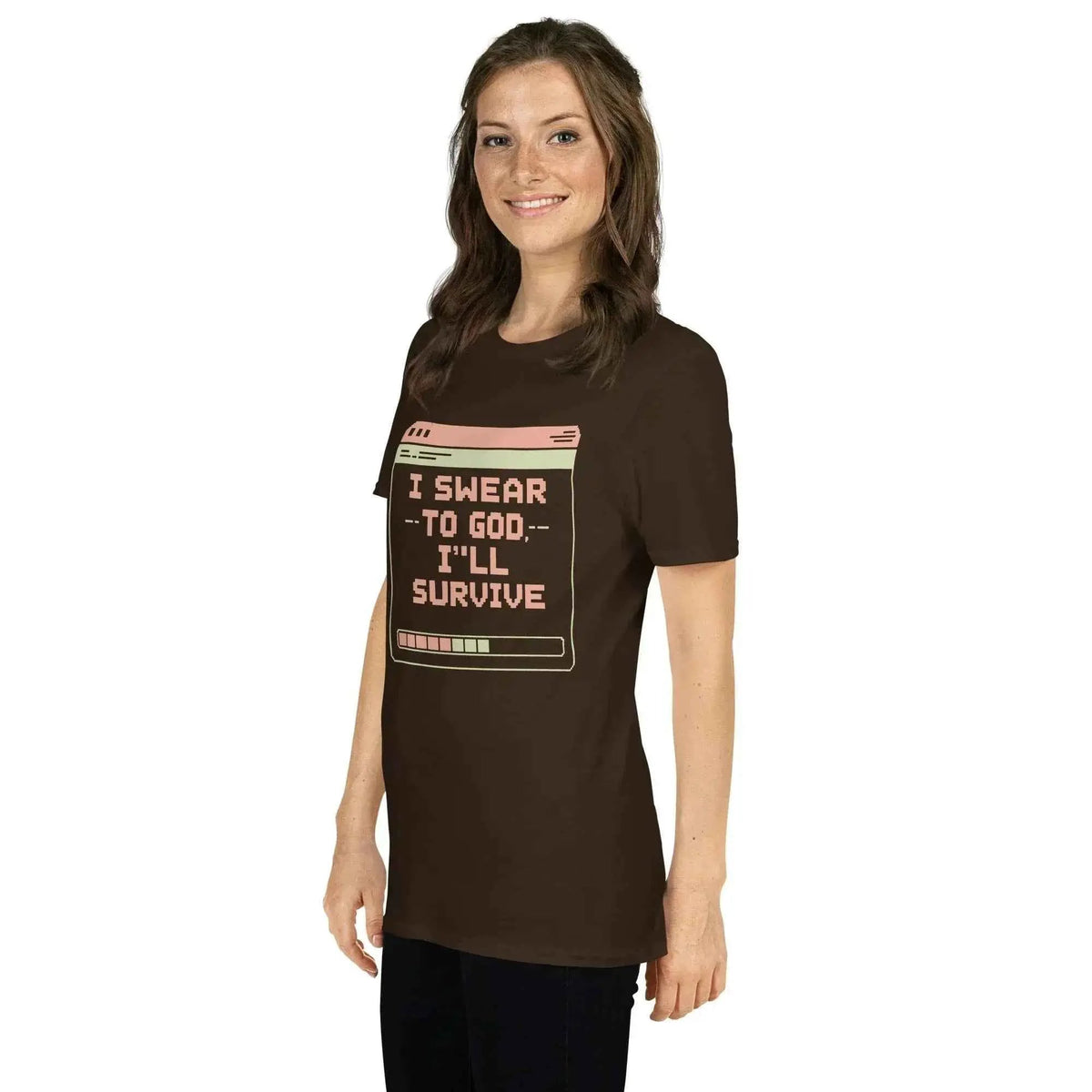 Dark chocolate unisex cotton T-shirt with 'I swear to god, I'll survive' chest print