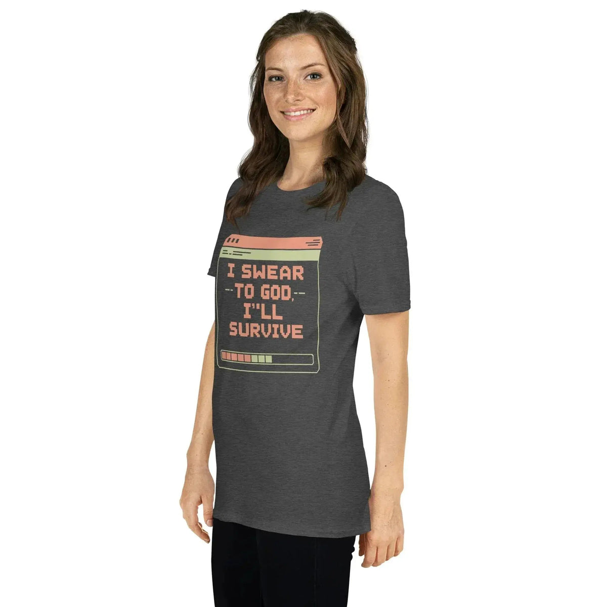 Unisex cotton t-shirt in dark heather gray with front “I SWEAR…I'LL SURVIVE” print