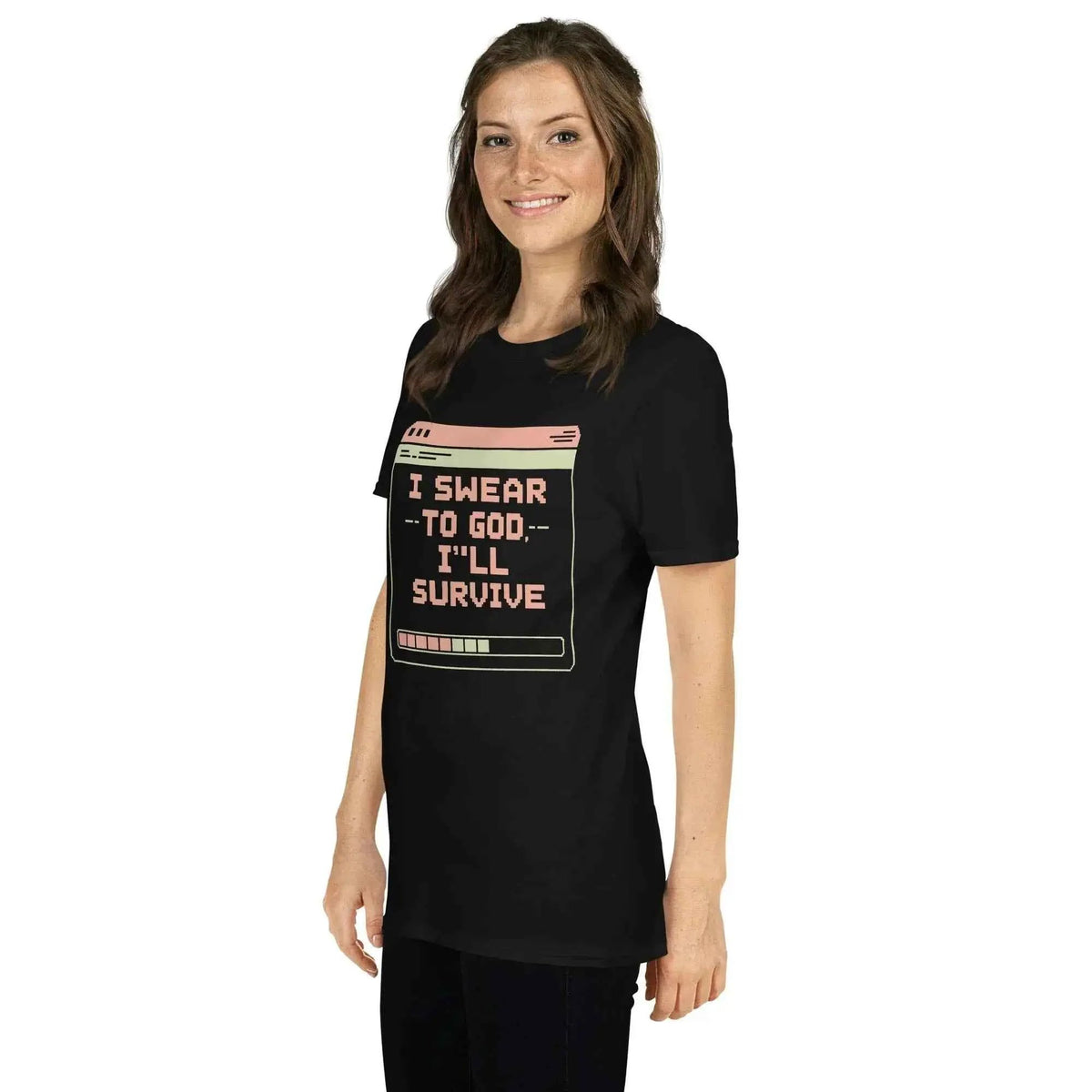 Black unisex cotton T-shirt with 'I swear to god, I'll survive' chest print