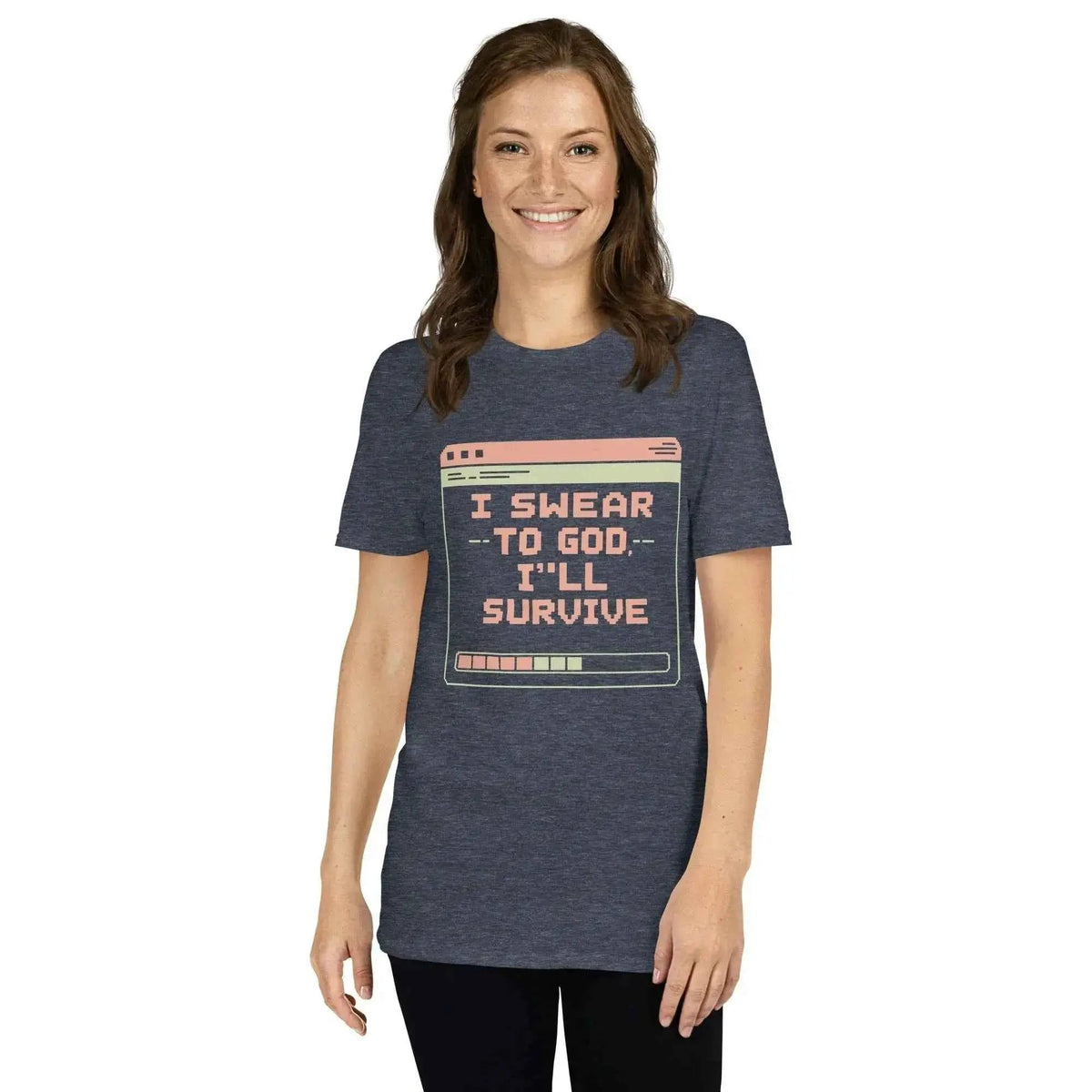 Unisex cotton t-shirt in heather navy with front quote graphic, short sleeves
