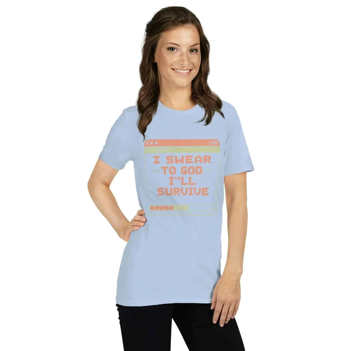 Light blue unisex cotton T-shirt with large front slogan graphic, crew neck