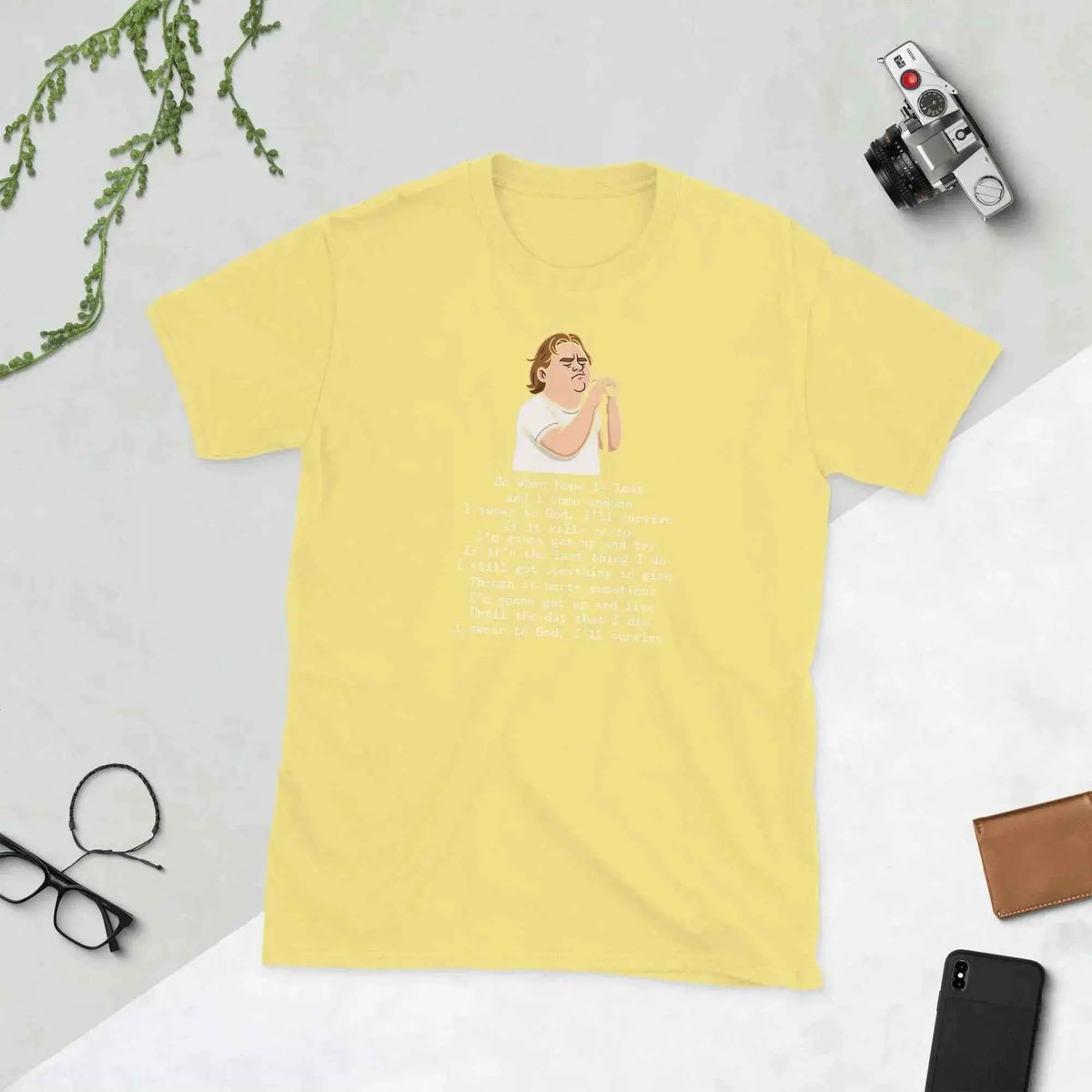 Unisex yellow graphic tee with cartoon singer and lyric text