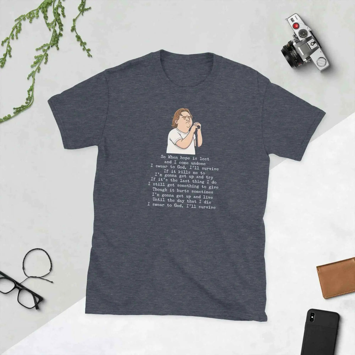 Slate gray unisex T-shirt with portrait graphic and stacked lyric text on the chest