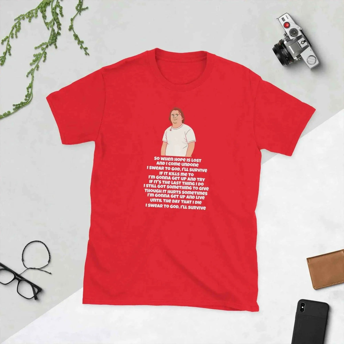 Red unisex music fan T-shirt with illustrated singer and lyrics graphic front