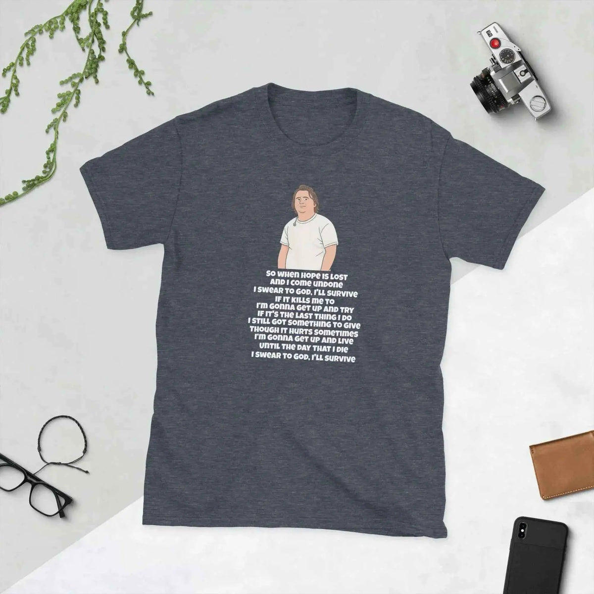 Heather slate unisex music fan T-shirt with illustrated singer and lyrics graphic front