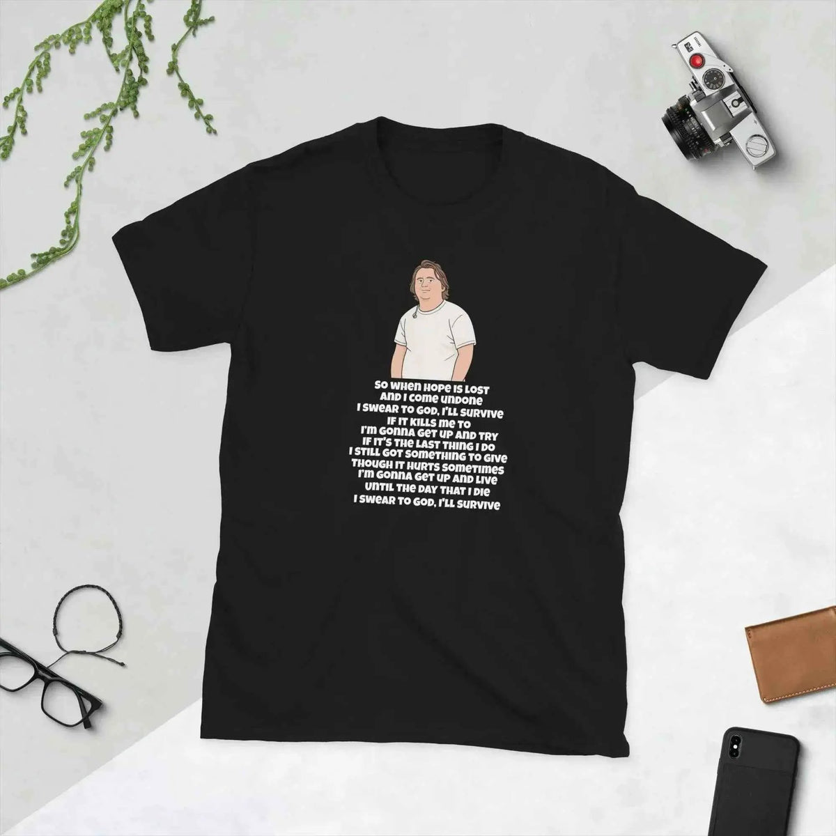 Black unisex music fan T-shirt with illustrated singer and lyrics graphic front
