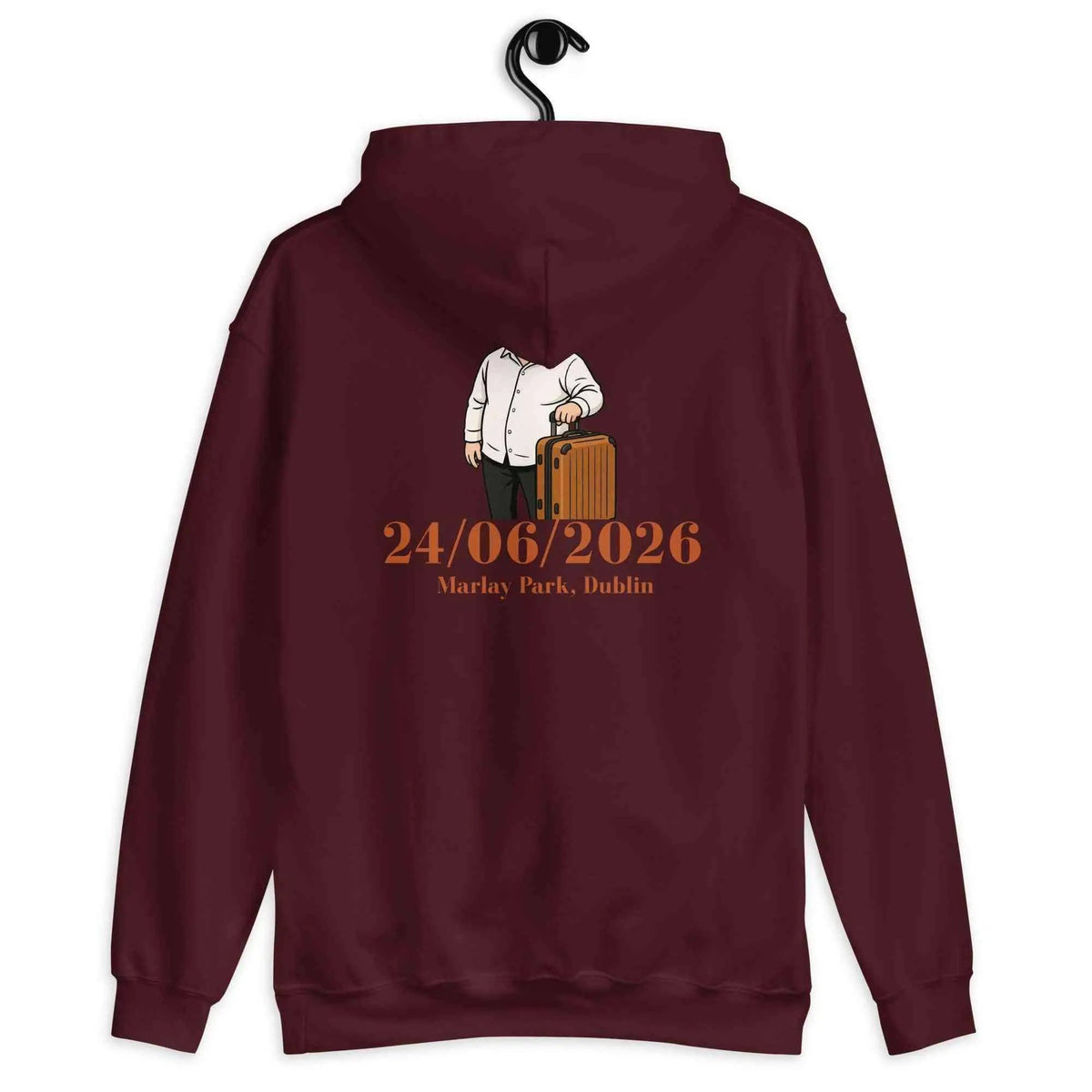 Maroon unisex tour hoodie with back graphic of Lewis holding a guitar case, date print