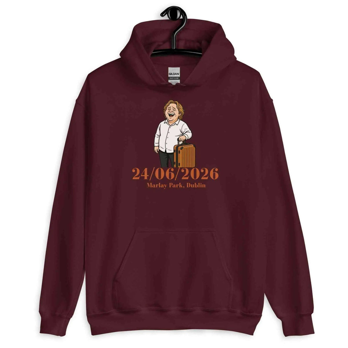 Maroon unisex tour hoodie with front graphic of Lewis holding a guitar case, date print