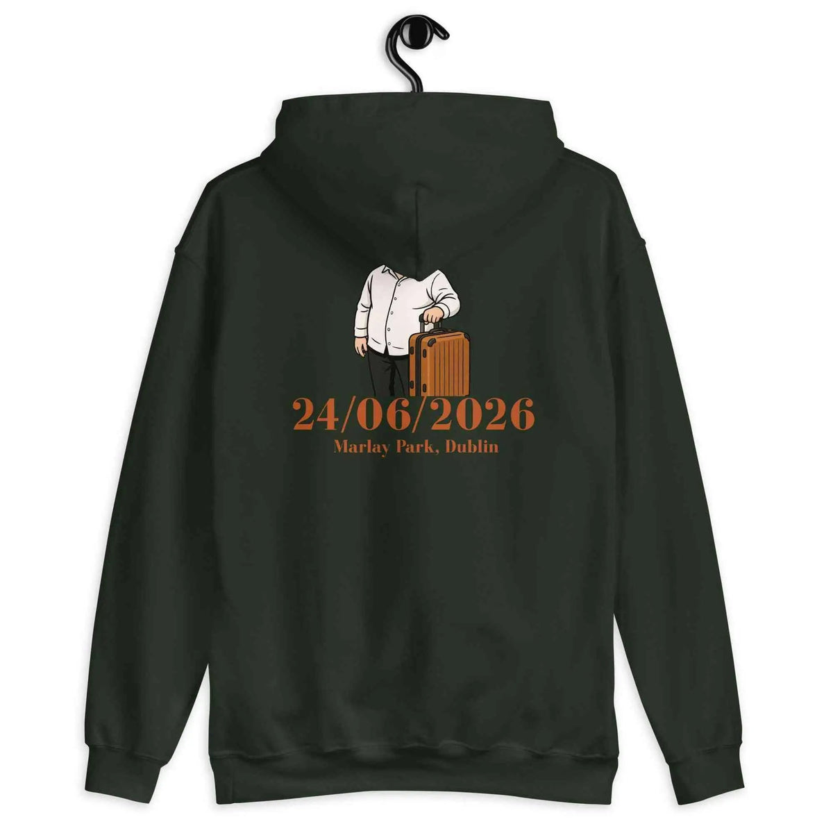 Forest green unisex tour hoodie with back graphic of Lewis holding a guitar case, date print