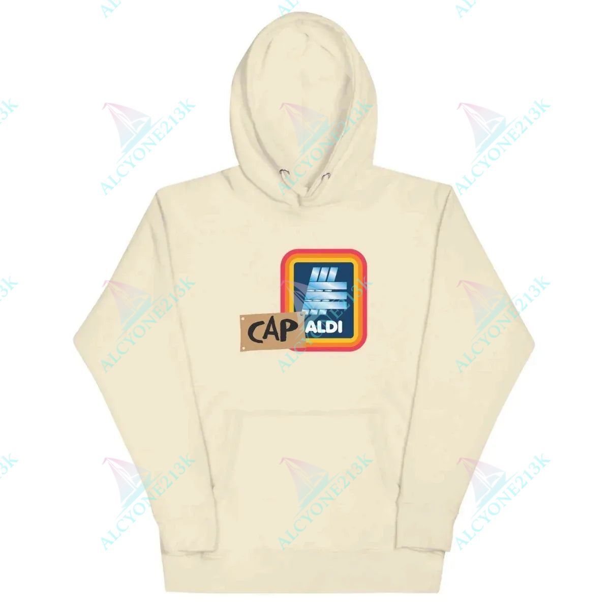 Alcyone213k Lewis Capaldi Merchandise: Unisex Capaldi On A Aldi Graphic Hoodie - Soft Cotton Blend Bone