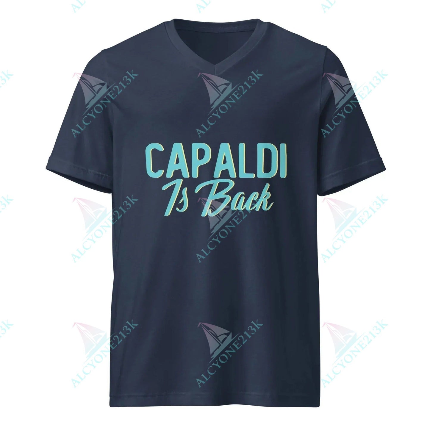 T-shirt Alcyone213k Lewis Capaldi V-Neck T-Shirt - Unisex Cotton Tee for Fans - Capaldi Is Back Navy