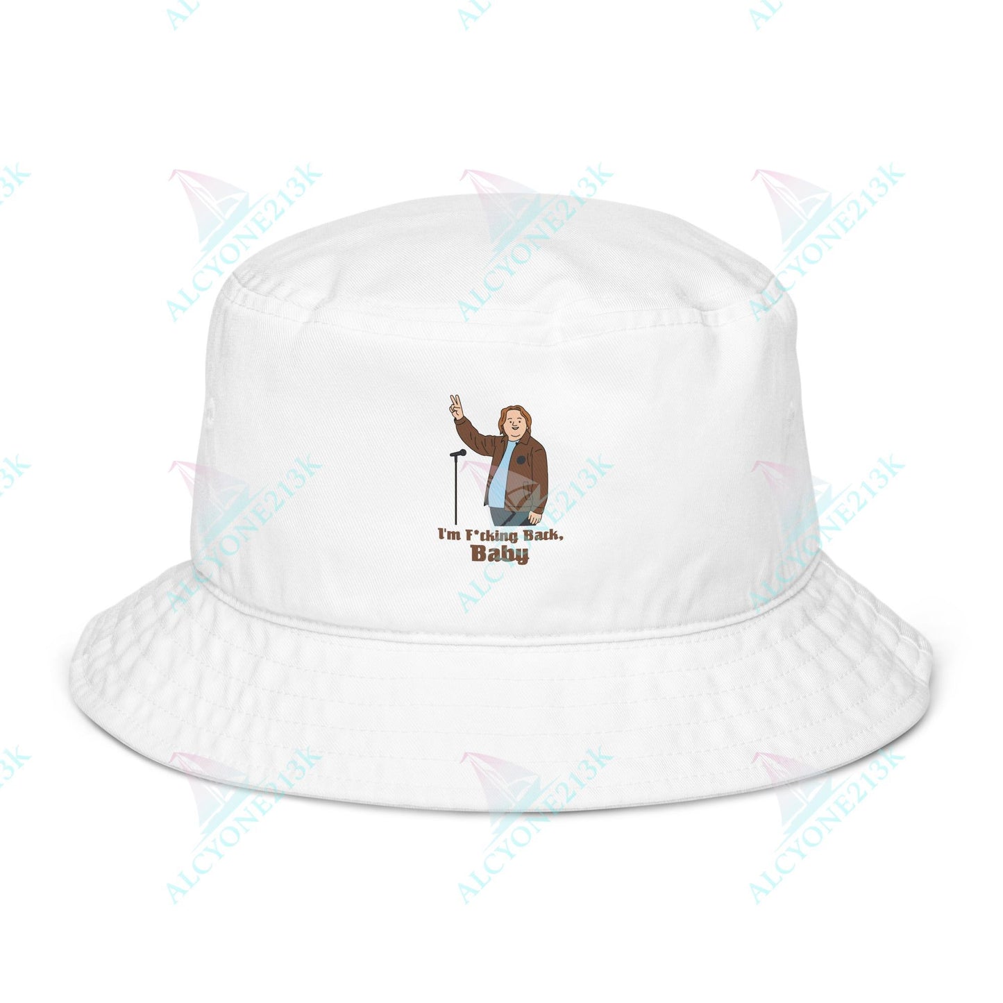 Alcyone213k Lewis Capaldi Organic bucket hat - I'm F*cking Back Bio White