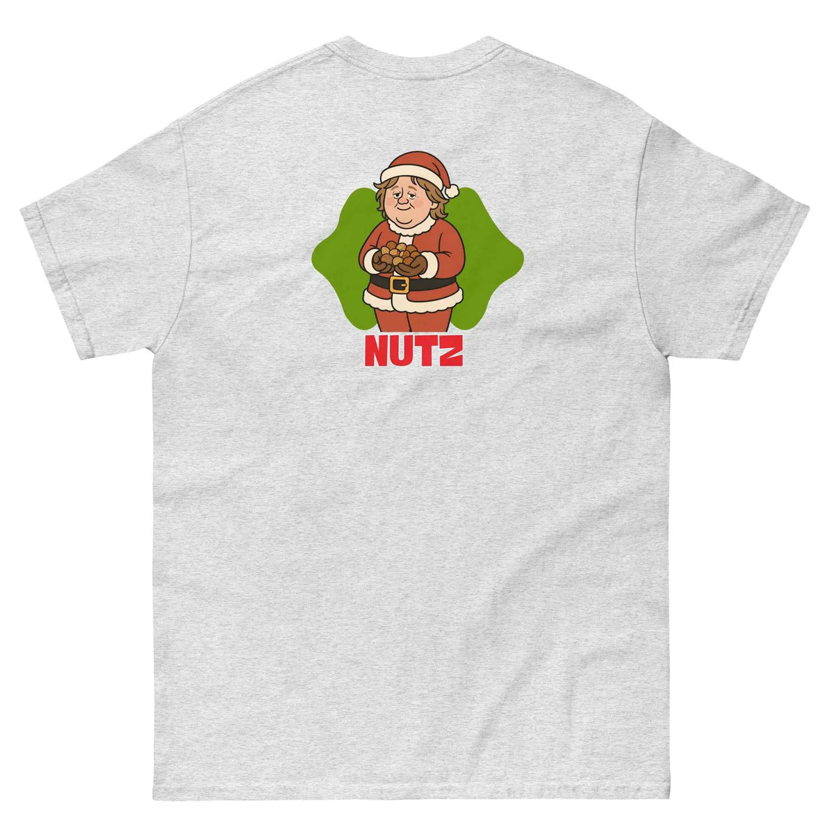 Gray unisex Christmas T-shirt, back view, with cartoon chef graphic and “NUTZ” text