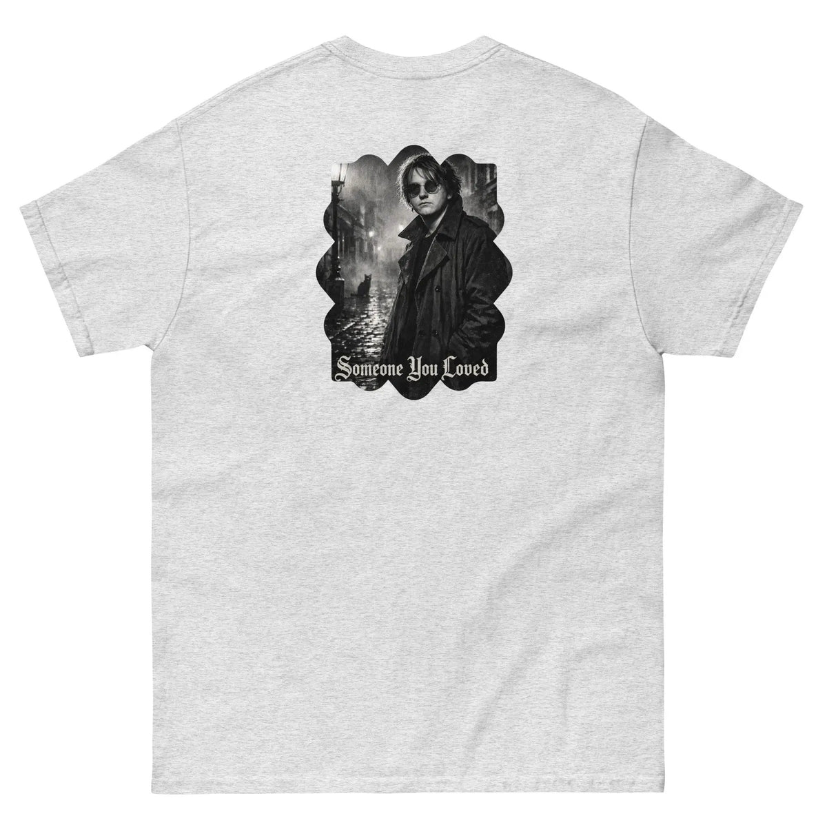 Ash gray unisex graphic cotton T-shirt with Lewis Capaldi portrait back print