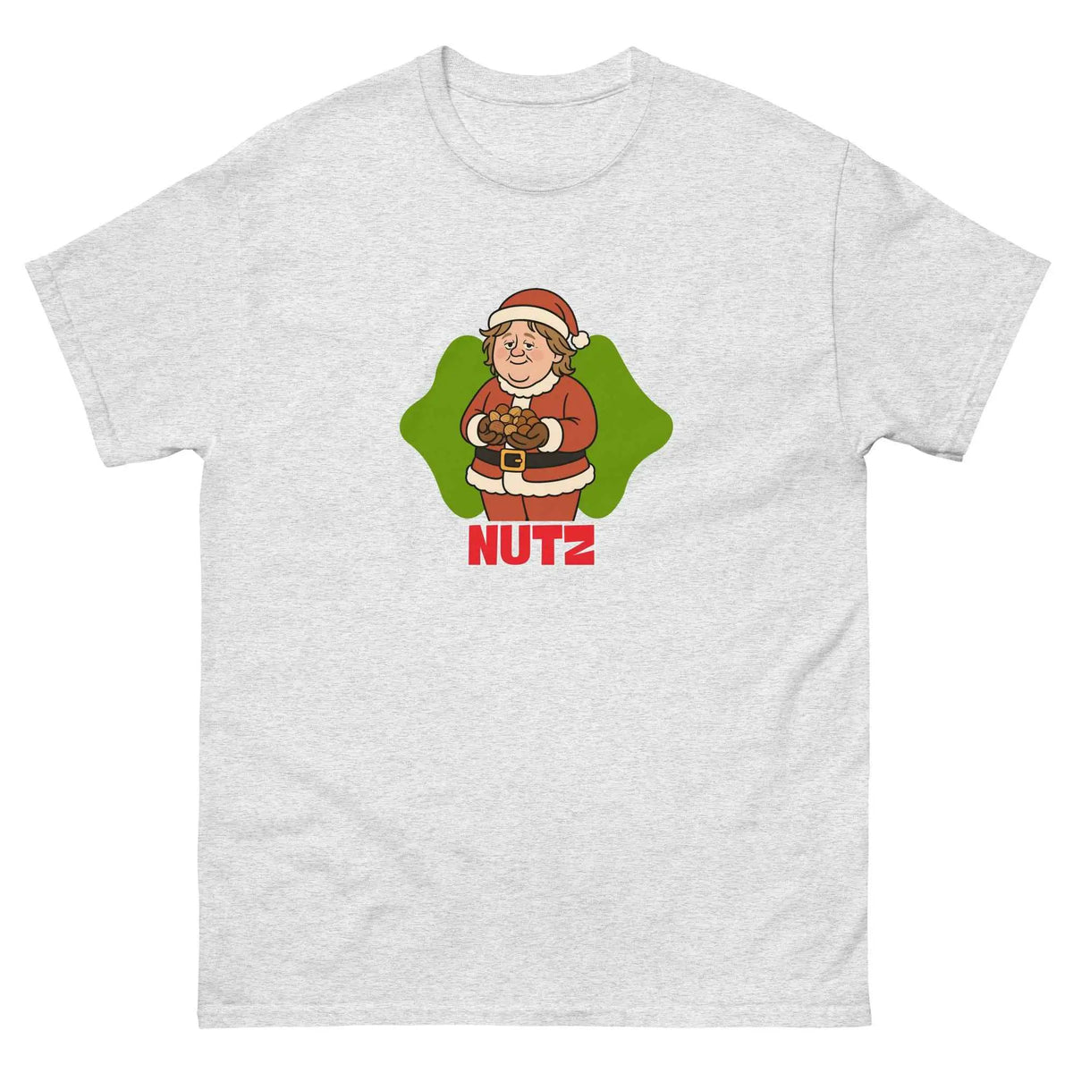Gray unisex Christmas T-shirt with cartoon chef graphic and “NUTZ” text