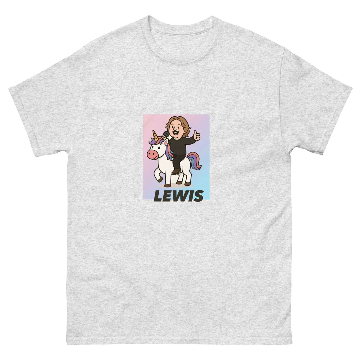 Unisex ash crew neck T-shirt with unicorn graphic and "LEWIS" front print