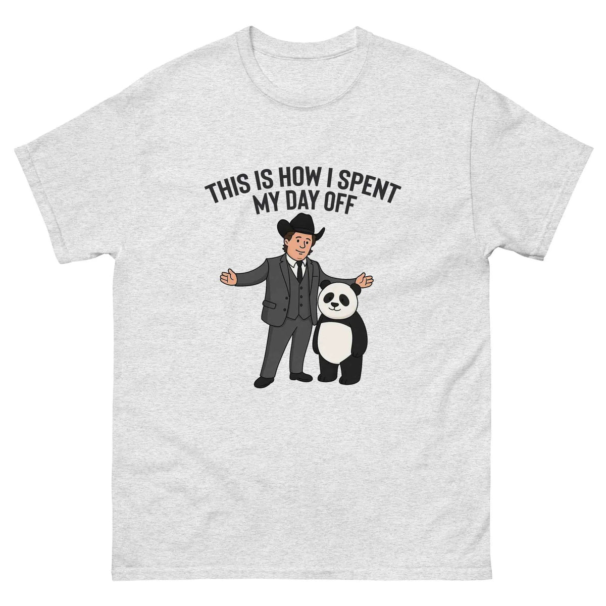 Ash unisex graphic T-shirt with cartoon man and panda, 'This is how I spent my day off' text