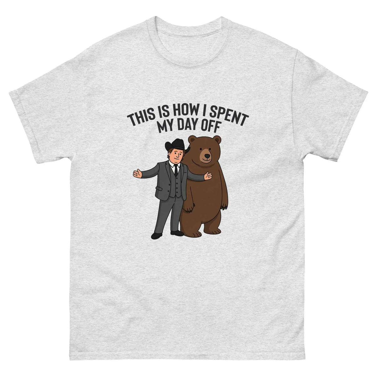 Unisex graphic T-shirt in ash gray with front print message and man hugging bear