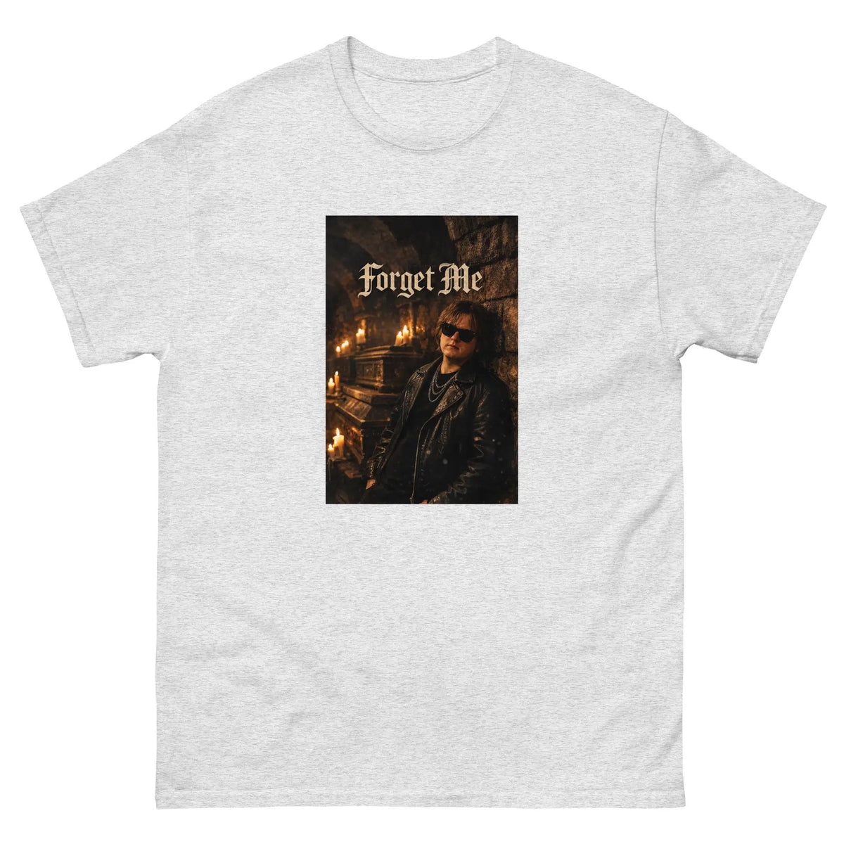 Ash gray unisex cotton T-shirt with 'Forget Me' gothic photo graphic on front