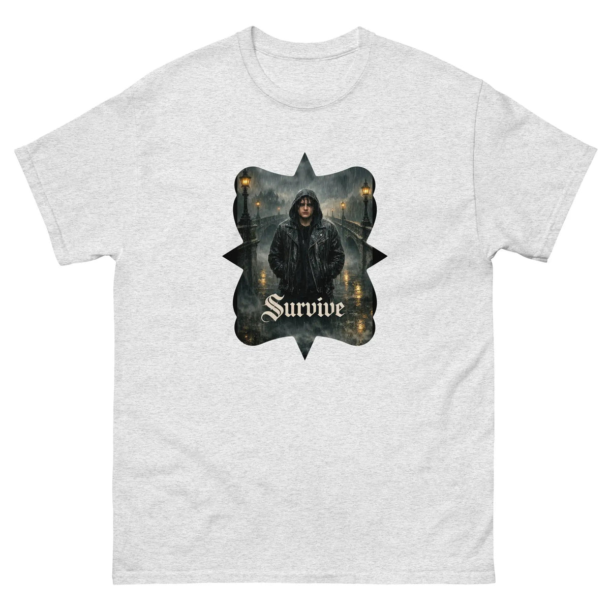 Ash gray crew-neck unisex cotton T-shirt with central gothic “Survive” graphic print