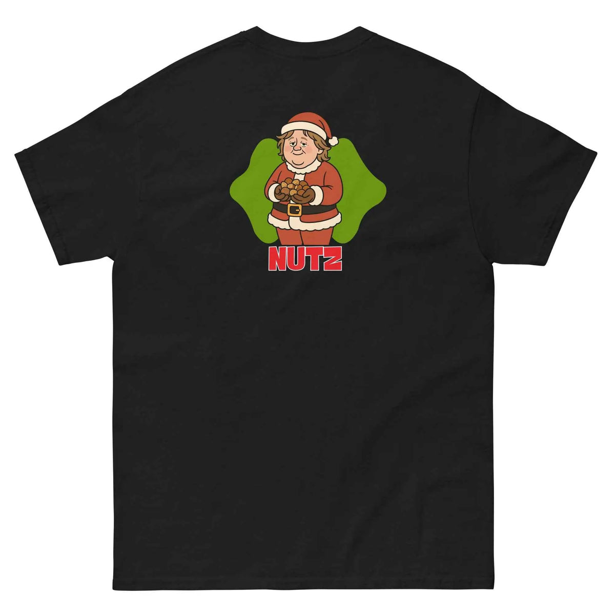 Black unisex Christmas T-shirt, back view, with cartoon chef graphic and “NUTZ” text