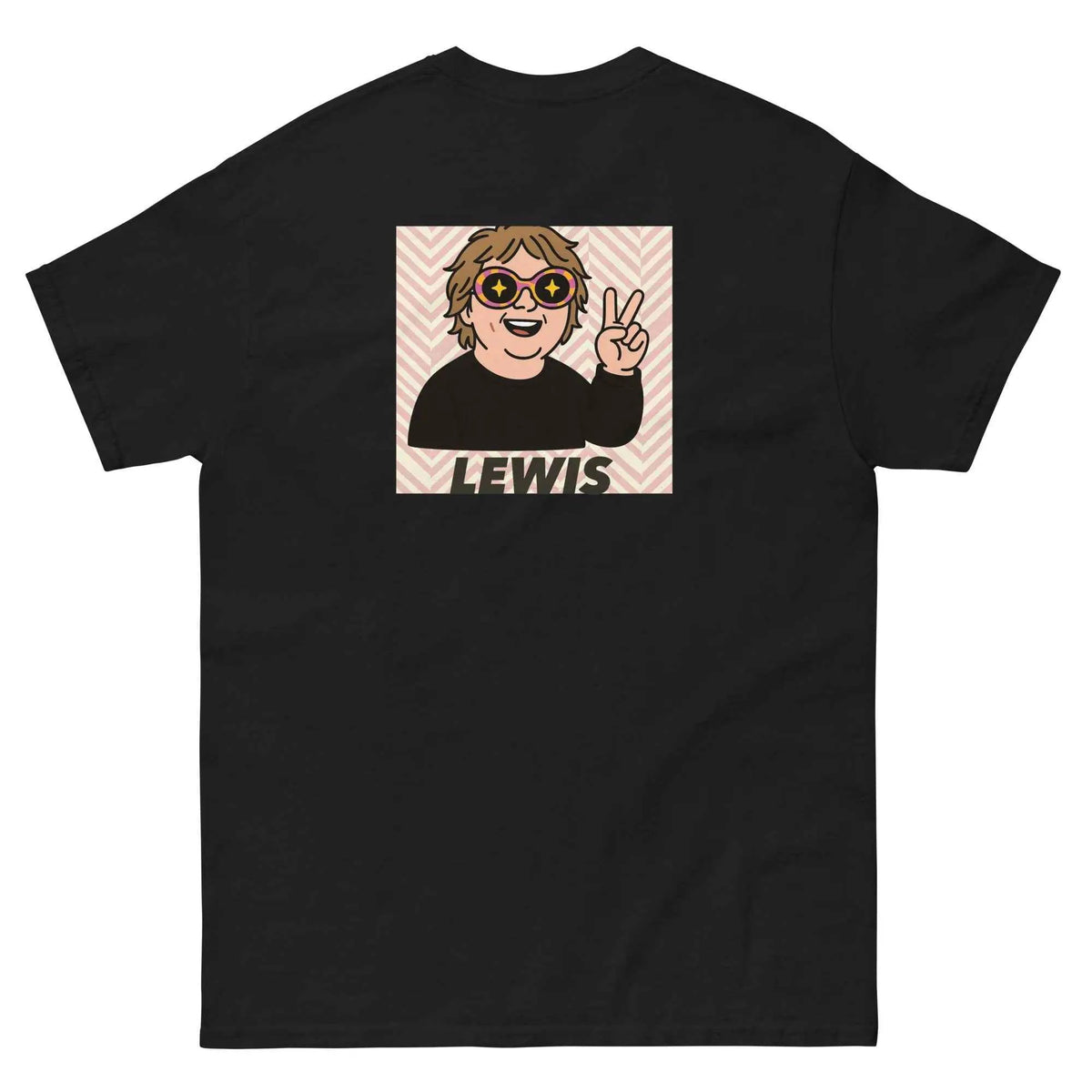 Black unisex crew neck T-shirt with back cartoon Lewis graphic