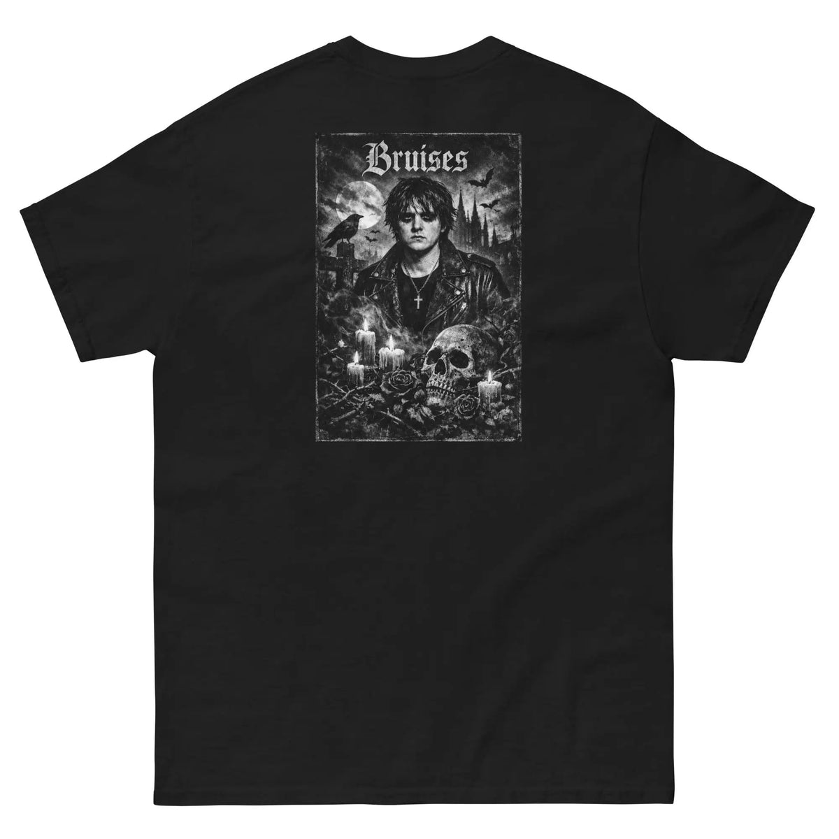 Black unisex cotton top with back gothic “Bruises” graphic print