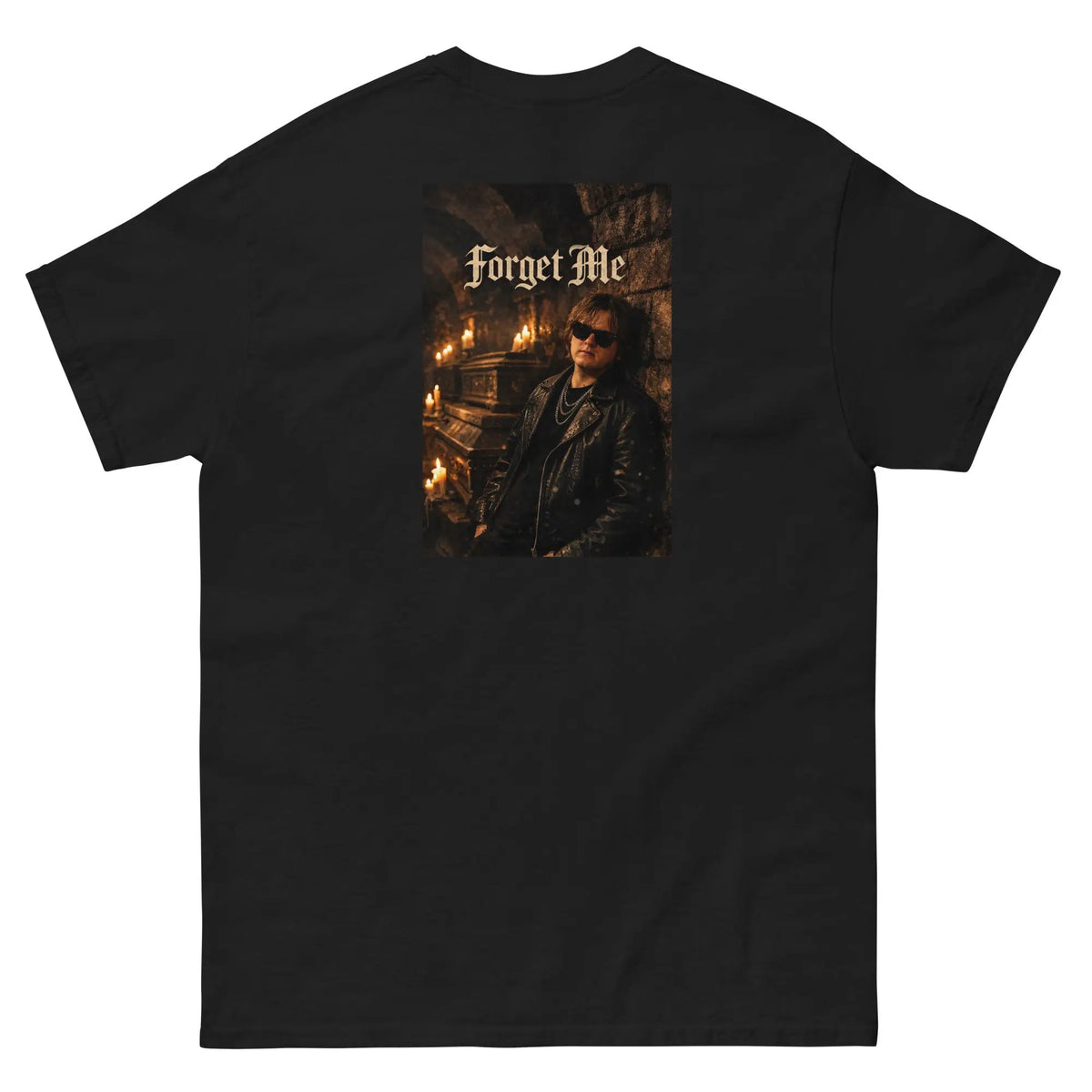 Black unisex cotton T-shirt with 'Forget Me' gothic photo graphic on back