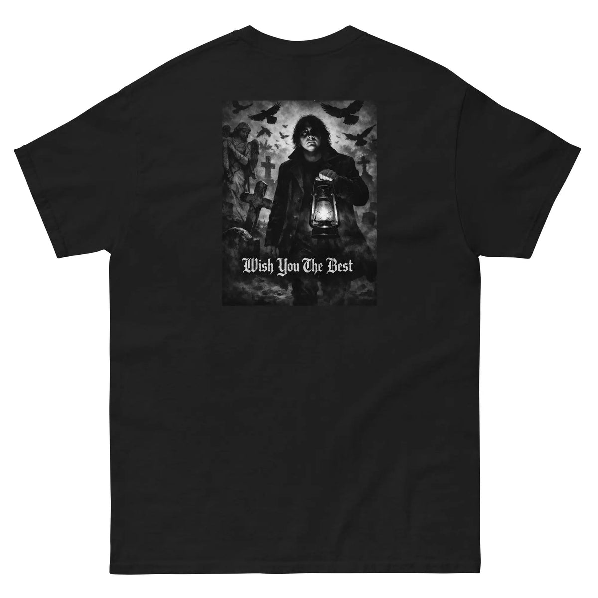 Unisex cotton T-shirt, black with back lantern portrait graphic and “Wish You The Best”