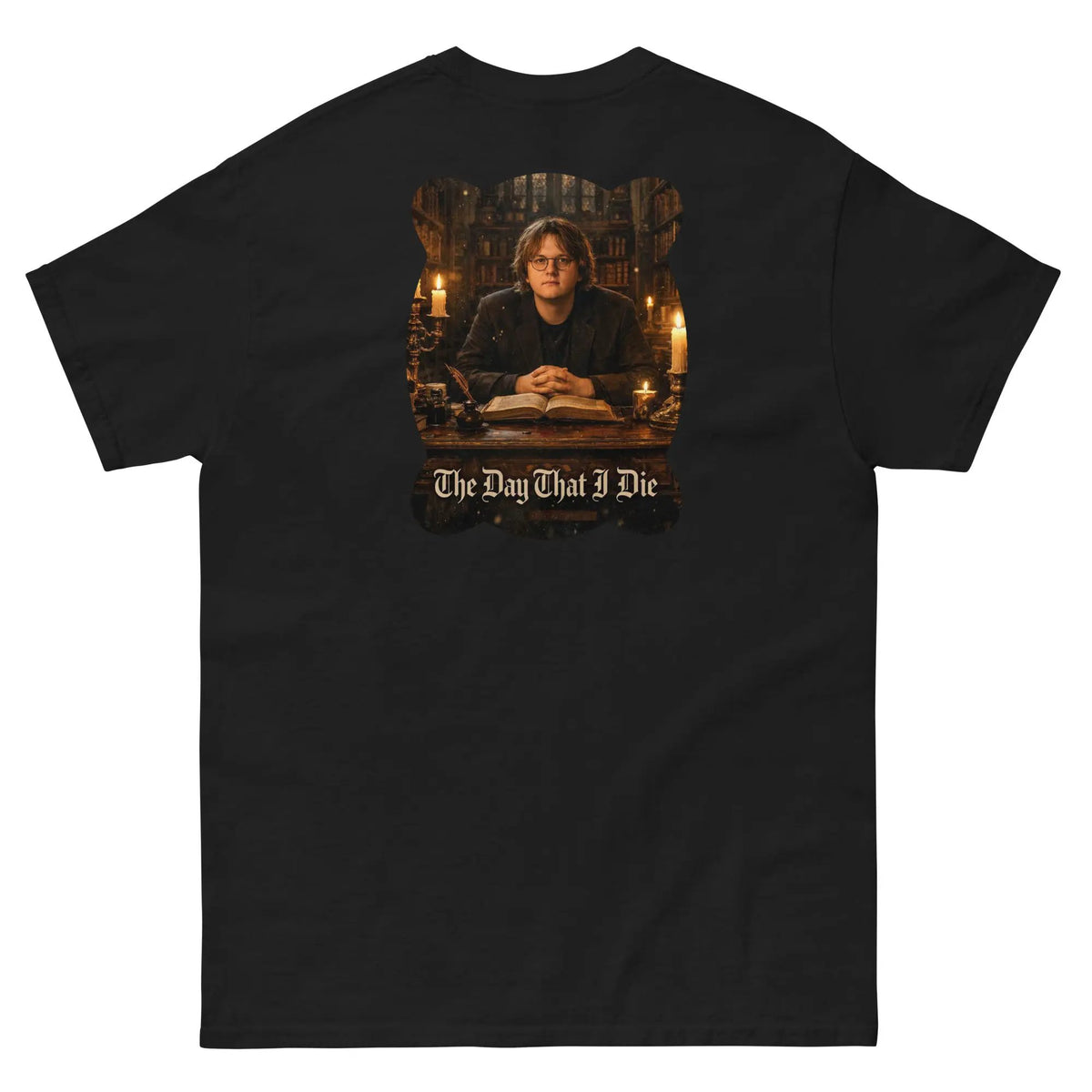 Unisex cotton T-shirt, black, back graphic print with portrait and text