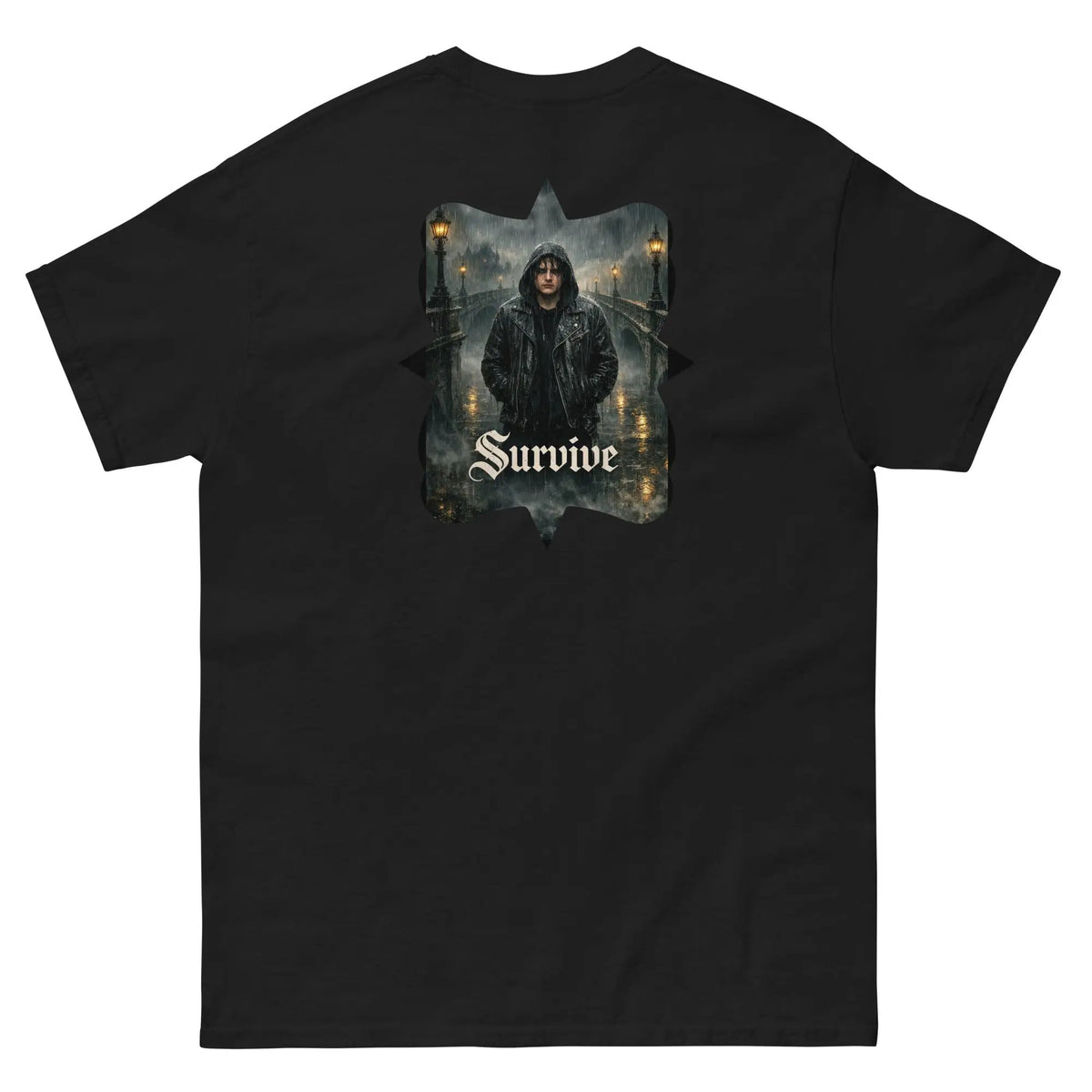 Black crew-neck unisex cotton T-shirt with back “Survive” gothic graphic print
