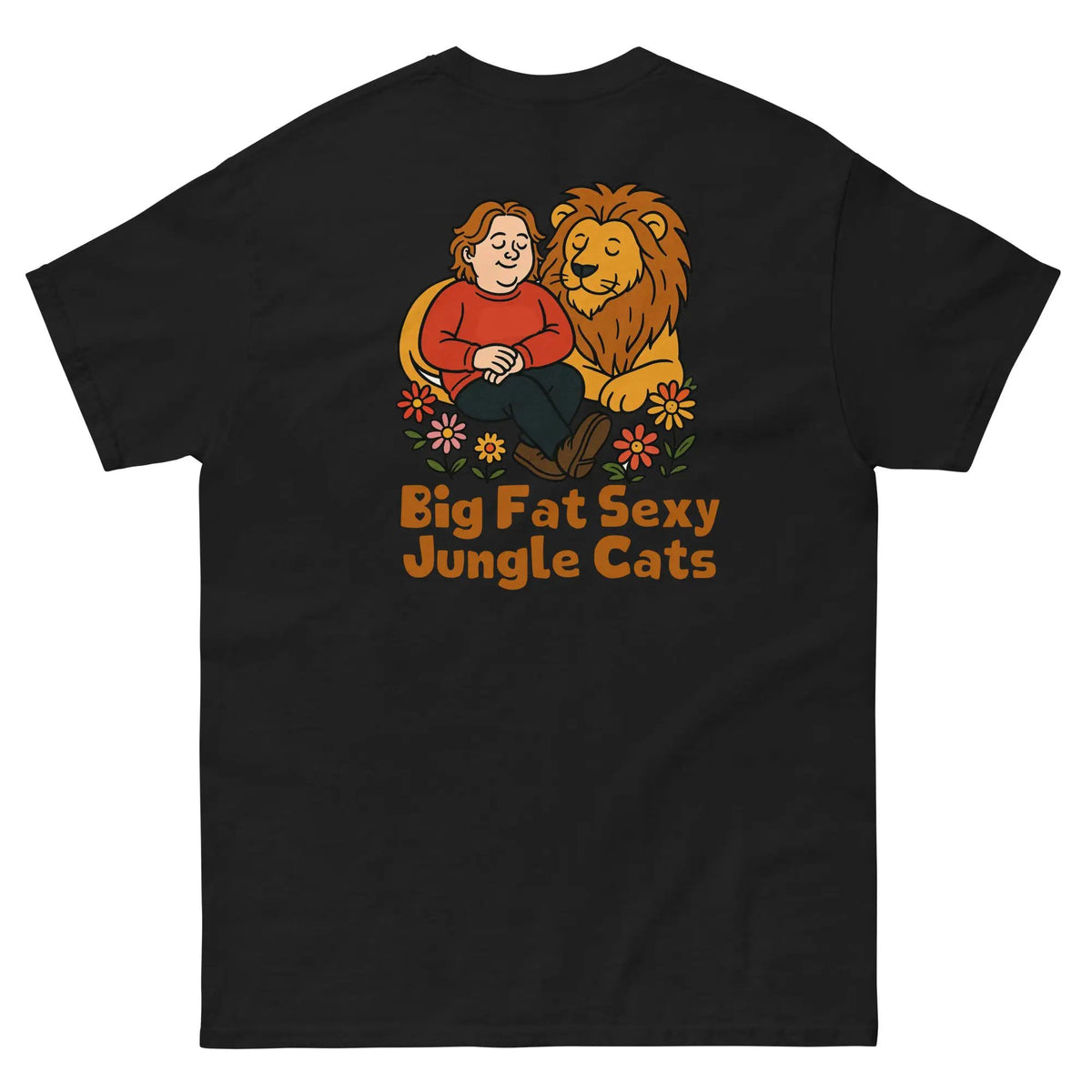 Black cotton graphic tee (back) with lion couple and 'Big Fat Sexy Jungle Cats' text