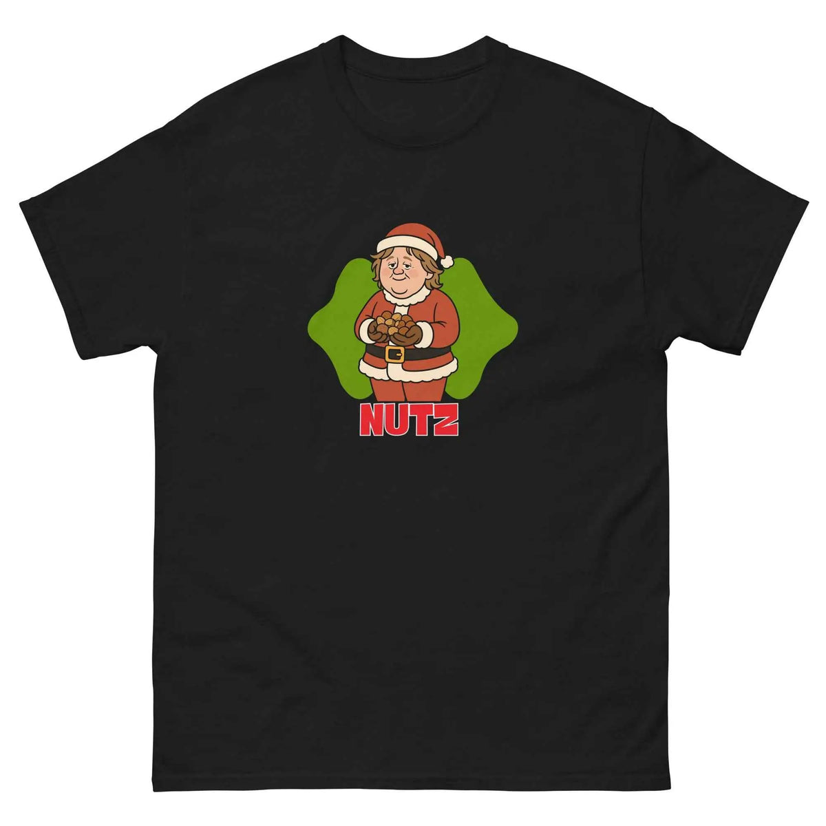 Black unisex Christmas T-shirt with cartoon chef graphic and “NUTZ” text