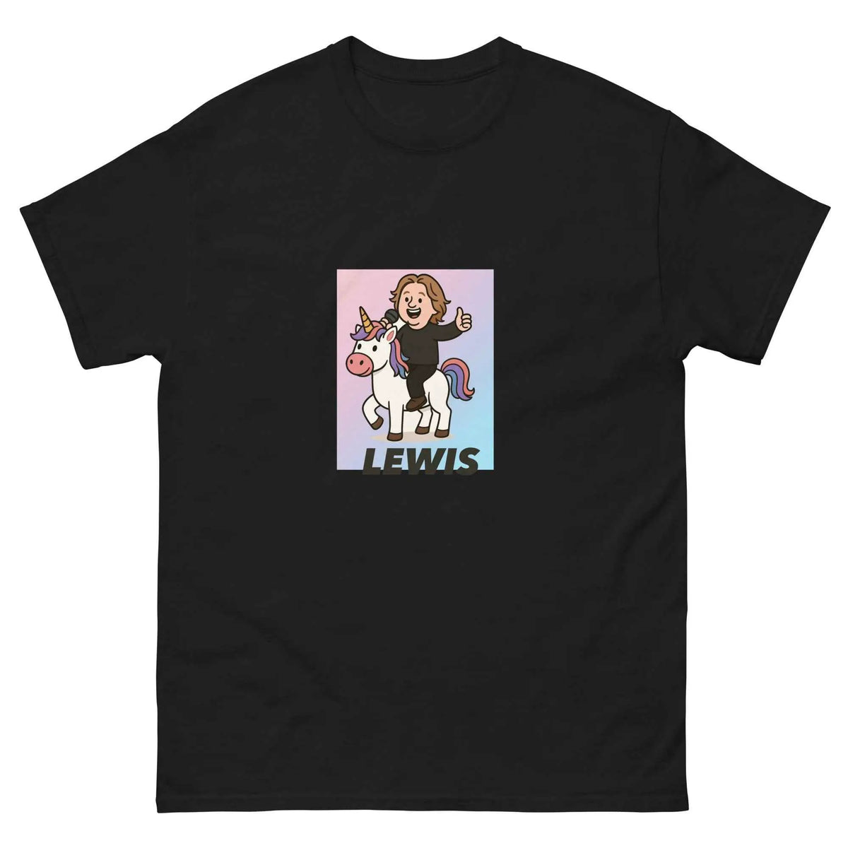 Unisex black crew neck T-shirt with unicorn graphic and "LEWIS" front print