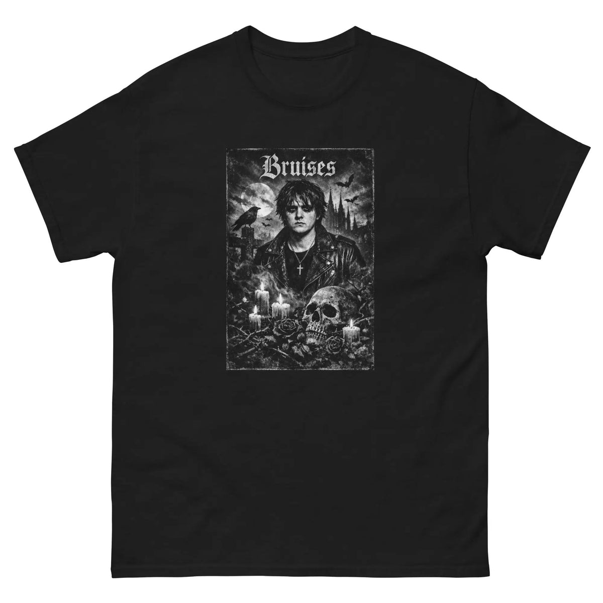 Black unisex cotton top with front gothic “Bruises” graphic print