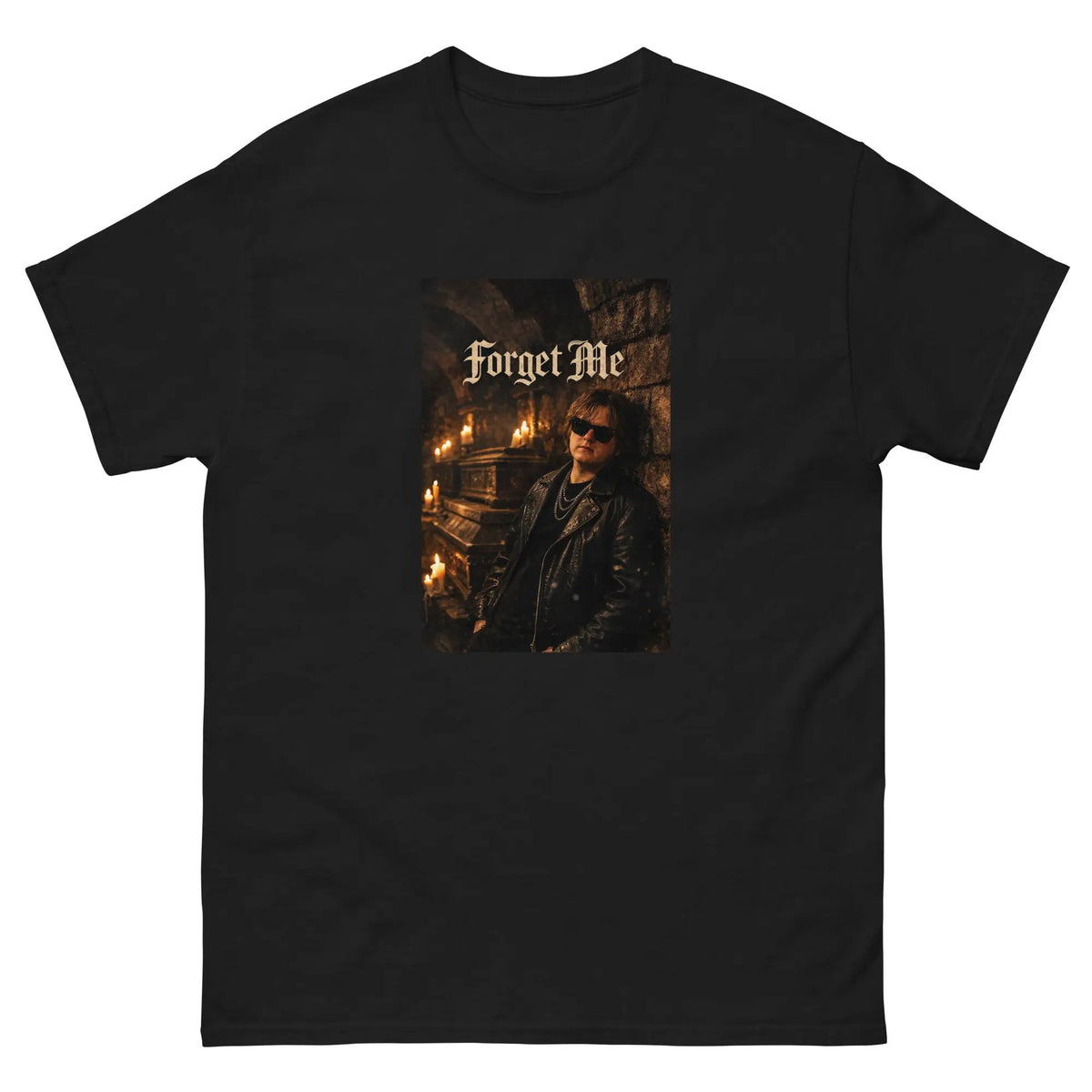 Black unisex cotton T-shirt with 'Forget Me' gothic photo graphic on front