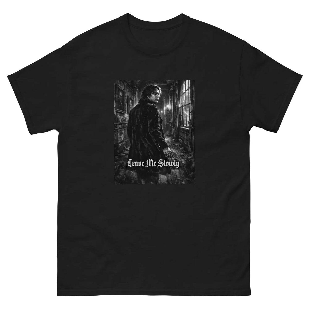 Black unisex cotton T-shirt with front graphic of a gothic man and “Leave Me Slowly” text