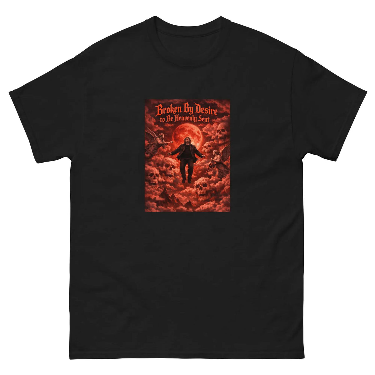 Black unisex cotton top with front graphic print, “Broken by Desire”