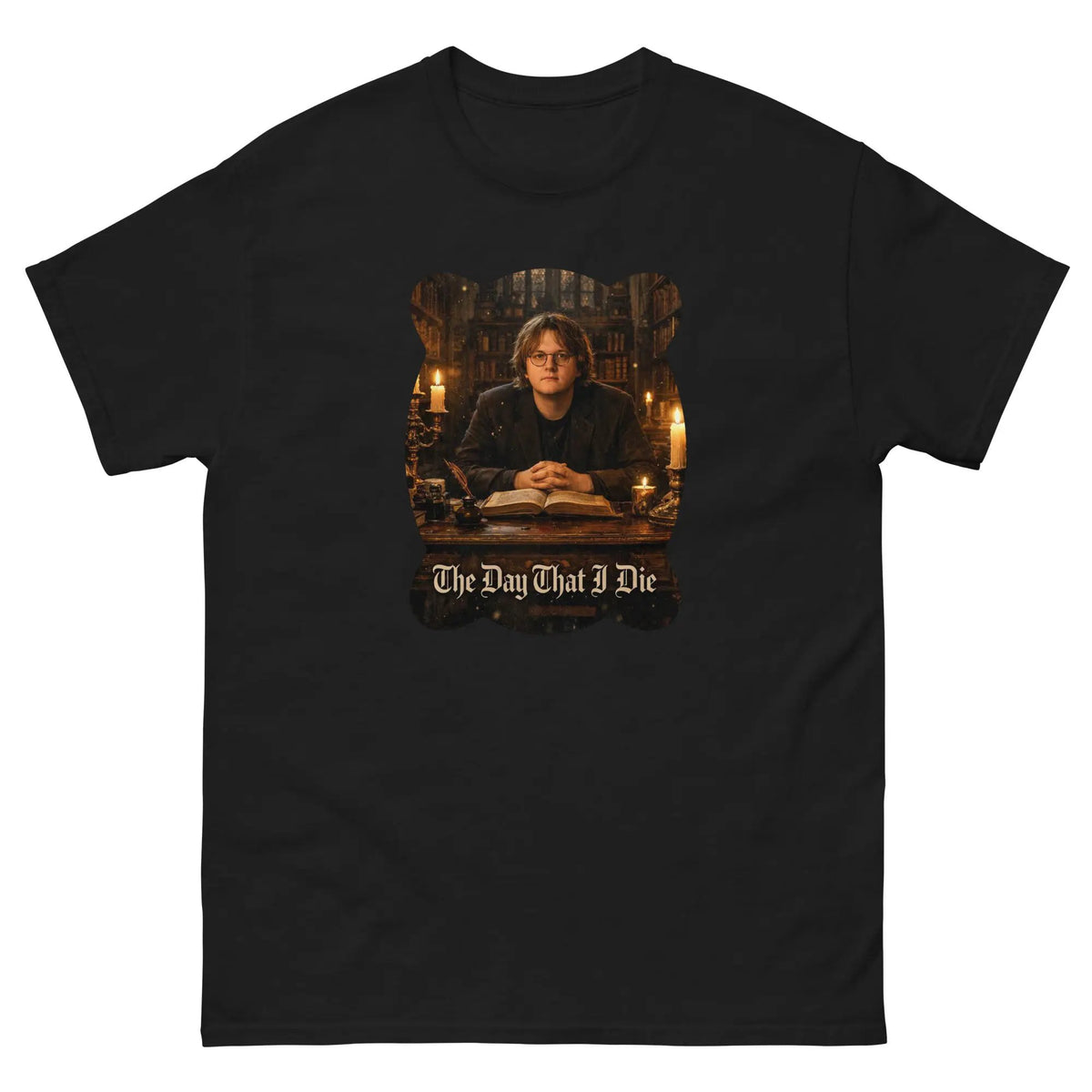 Unisex cotton T-shirt, black, front graphic print with portrait and text